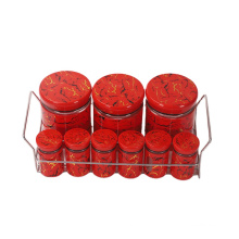 spice jars and rack set 9-piece set spices salt pepper salt jar plastic lid Red printing round glass salt & pepper jars